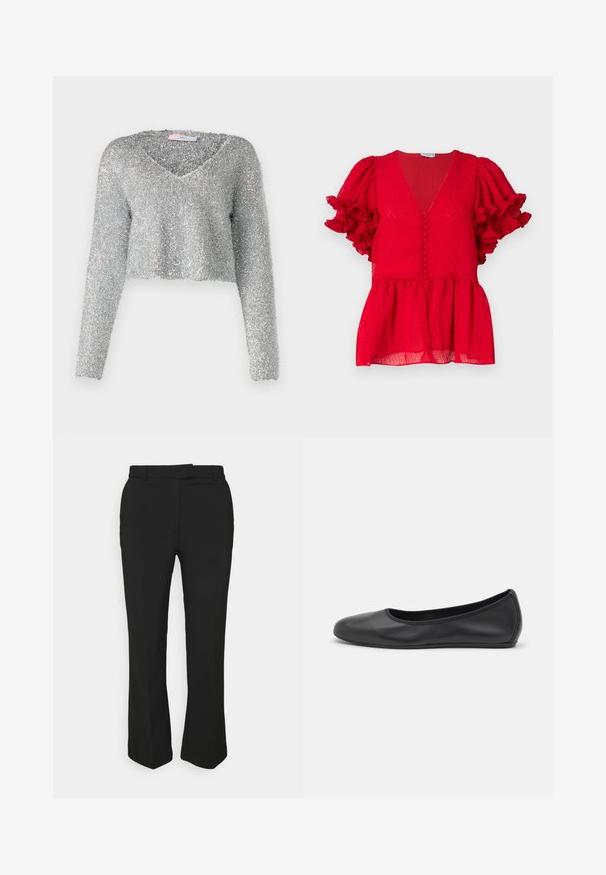 Harmaa, lyhythihainen neulepusero, joka on valmistettu pörröisestä, teksturoidusta materiaalista. Siinä on syvä V-mallinen kaula-aukko. Kiiltävä ja kevyt ulkonäkö.; Punainen teksturoitu paita, jossa on syvä V-kaula-aukko, nappikirjailu edessä ja volangikujaisia lyhyitä hihoja. Peplum-tyylinen helma.; Musta räätälöity housut suoran lahkeen muotoilulla, joissa on vyölenkit ja sivutaskut. Valmistettu sileästä kankaasta, jossa on siisti viimeistely.; Musta nahkainen ballerina, jossa on pyöristetty kärki, sileä pinta, minimaalinen ommelkoristelu ja joustava pohjamuotoilu.