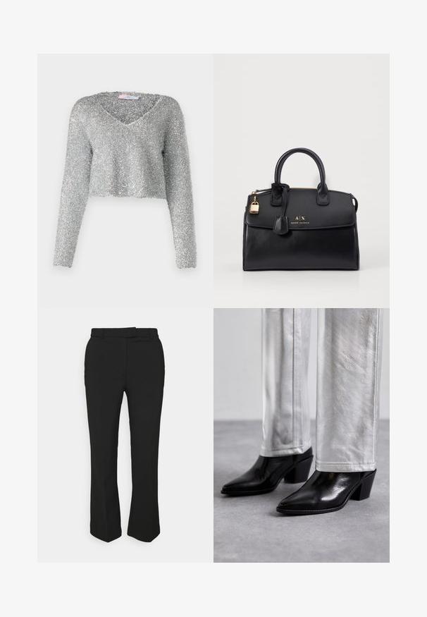 Stříbrný, cropped svetr s dlouhými rukávy, vyrobený z jemného, texturovaného materiálu. Má hluboký výstřih do V. Lesklý a lehký vzhled.; Černé kalhoty na míru se střihovým designem rovného nohavice, mají poutka na opasek a boční kapsy. Vyrobené z hladké tkaniny s čistým zakončením.; Černé kožené kotníkové boty s špičatou špičkou a blokovým podpatkem, zkombinované s lesklými stříbrnými kalhotami, které ukazují elegantní textury a kontrastní barvy.; Černá kožená kabelka s pevným tvarem, zlatými kovovými detaily a s uzamykací funkcí. Obsahuje dva horní úchyty a vystouplé značkování na přední části.