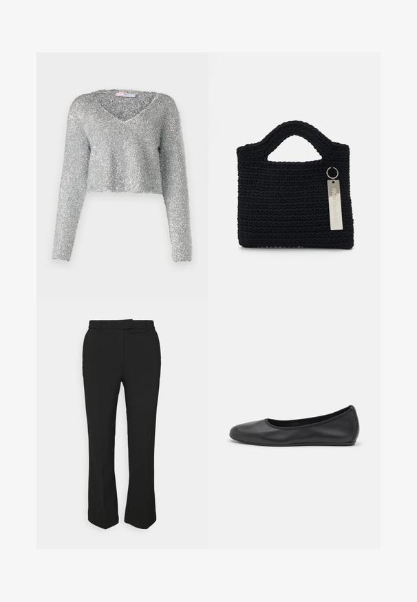 Zilveren, verkorte trui met lange mouwen, gemaakt van een donzige, gestructureerde stof. Heeft een diepe V-halslijn. Glanzende en lichte uitstraling.; Zwarte op maat gemaakte broeken met een recht gesneden ontwerp, voorzien van riemlussen en zijzakken. Gemaakt van een gladde stof met een nette afwerking.; Zwarte leren ballerina met een ronde neus, gladde textuur, minimale stikdetails en een flexibele zoolontwerp.; Won Hundred MARSIELLE COMPUTER BAG UNISEX - Laptoptas - black