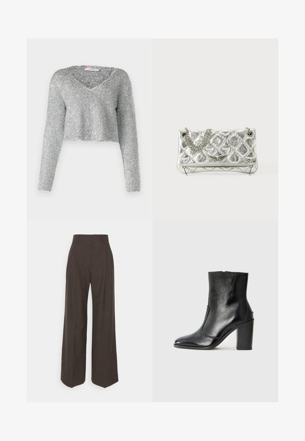 Sidabrinė, trumpa megztinio forma su ilgomis rankovėmis, pagaminta iš purios, tekstūruotos medžiagos. Yra gili V formos iškirptė. Blizganti ir lengva išvaizda.; Tamsiai rudos platėjančios kelnės su aukštu liemeniu, pasižyminčios tvarkingai prispaustomis raukšlėmis, lygia tekstūra ir pritaikytu siluetu.; Juodas odinis kulkšninis batas su lygiu paviršiumi, smailiu pirštu ir masyviu aukštu kulnu. Savybė - šoninis atidarymas ir minimalistiškas dizainas.; Sidabrinė metalinė rankinė su grandinėlės rankena, iškaltu paviršiumi, dekoratyvine siuvimo siūle ir užtrauktuku. Priekyje turi iškilmingus akcentus.