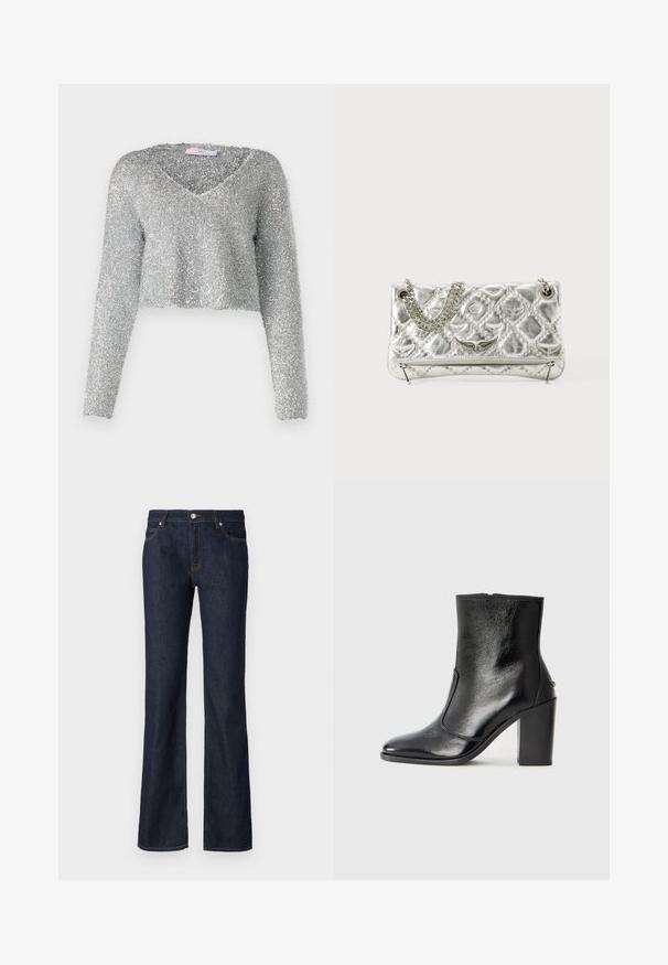 Sudraba, īsākas piedurknes džemperis ar garām piedurknēm, izgatavots no pūkaina, teksturēta materiāla. Iezīmē dziļu V veida kakla izgriezumu. Spodrs un viegls izskats.; Tumši zila džinsa auduma bikses ar paplašinātu formu, piecu kabatu dizainu un kontrastējošu oranžu šuvju krāsu pa vīlēm un kabatām.; Melnas ādas potīšu zābaki ar gludu tekstūru, smailu purngalu un masīlu augstu papēdi. Iekļauts sānu atvērums un minimālistisks dizains.; Sudraba metāla rokas soma ar ķēdes rokturi, piedāvā baudāmu struktūru, dekoratīvo šuvju un rāvējslēdzēju aizdari. Priekšpusē ir reljefa akcenti.