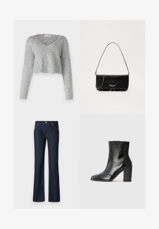 Silver, cropped sweater with long sleeves, made from a fuzzy, textured material. Features a deep V-neckline. Shiny and lightweight appearance.; Dark blue denim jeans with a flared shape, five-pocket design, and contrasting orange stitching along the seams and pockets.; Black leather ankle boot with a smooth texture, pointed toe, and a chunky high heel. Features a side opening and minimalistic design.; Black leather handbag with a silver chain strap, featuring decorative wing accents and white stitching along the bottom seam.