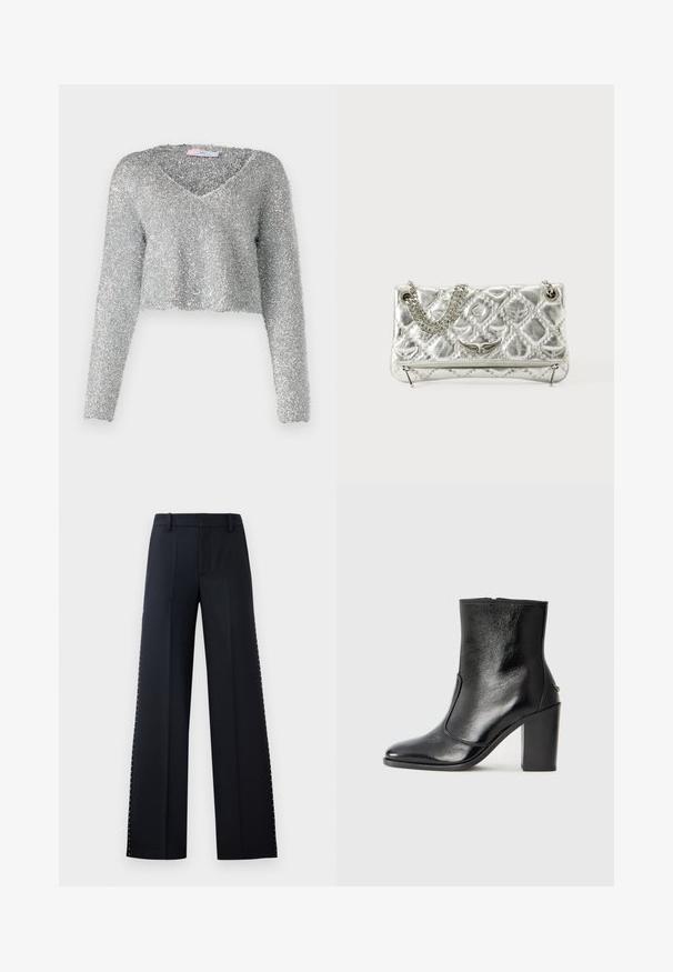 Sølv, cropped sweater med lange ærmer, lavet af et fuzzy, tekstureret materiale. Har en dyb V-halsudskæring. Skinnende og let udseende.; Bredde-bukke i sort. Skræddersyet pasform med en glat tekstur. Har en række metalnitter langs sidesømmene for detaljer.; Sorte læder ankelstøvler med en glat overflade, spids tå og en chunky høj hæl. Har en sidelukning og minimalistisk design.; Sølvmetallic håndtaske med kædehåndtag, quiltet tekstur, dekorativ syning og lynlås lukning. Har prægede detaljer på forsiden.