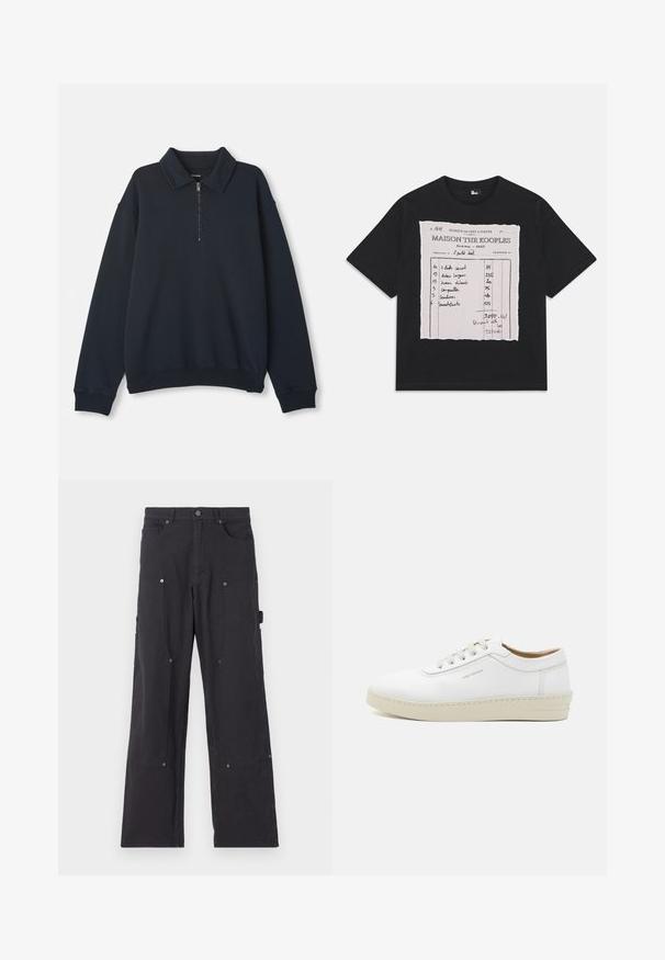 Námornícky modrý pulóver s dlhým rukávom, s polozipsom na prednej strane a špicatým golierom, rebrovanými manžetami a lemom.; Čierne bavlnené tričko s grafikou výstrižku, na ktorom sú ručne písané poznámky uvádzajúce podrobnosti položky a ceny v kontrastnej farbe.; Čierne cargo nohavice vyrobené z odolnej tkaniny s rovnými nohavicami, obsahujúce predné vrecká, cvoky a bočné úžitkové vrecká.; Biele kožené tenisky s textúrovaným povrchom, okrúly špička, béžová gumová podrážka a šesť sivých vystužených očiek na šnúrky, so subtílnym brandingom na boku.