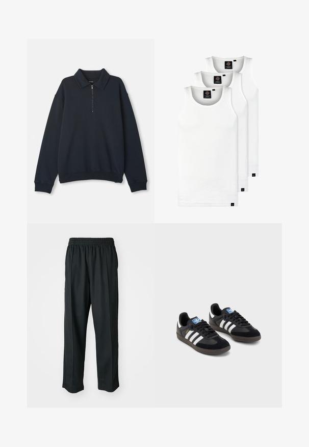 Pullover blu navy a maniche lunghe con mezza zip frontale e colletto a punta, polsini e orlo a coste.; Tre canotte bianche a coste in cotone. Presentano un colletto rotondo e piccole etichette nere vicino all'orlo. Disponibile in diverse taglie.; Pantaloni sportivi neri con vita elastica, realizzati in tessuto liscio, con cuciture laterali sottili e un fit rilassato, design a gamba dritta.; Sneakers neri con tomaia in suede e materiale sintetico, caratterizzati da tre strisce bianche, suola in gomma testurizzata e etichetta blu sul linguetta.