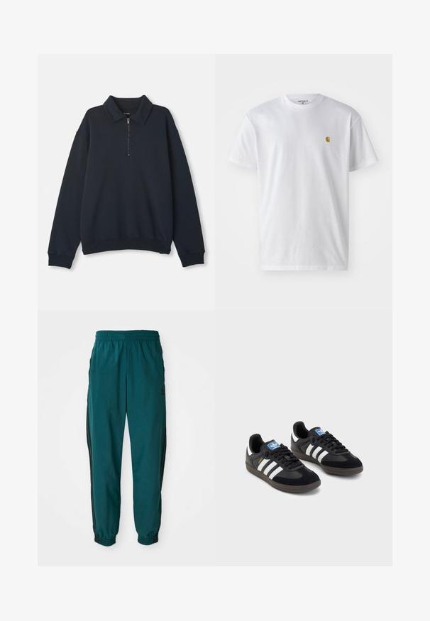 Navy blue long-sleeve pullover with a half-zip front and pointed collar, ribbed cuffs and hem.; White cotton t-shirt with short sleeves, crew neck, featuring a small gold logo on the left chest area. Soft texture and regular fit.; Teal athletic pants with a drawstring waist, elastic cuffs, and side black stripes. Made of lightweight fabric, featuring a logo near the hip.; Black sneakers with a suede and synthetic upper, featuring three white stripes, textured rubber sole, and blue logo tag on the tongue.