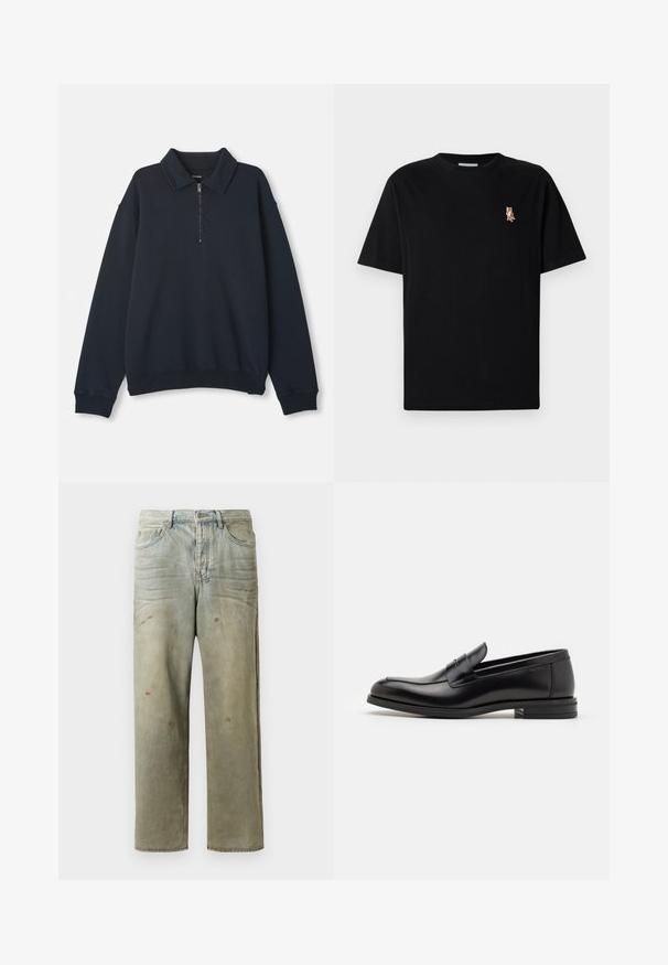 Tengerészkék hosszúujjú pulóver félcipzárral elöl, hegyes gallérral, bordázott mandzsettákkal és aljjal.; Fekete, rövid ujjú, kerek nyakú póló, bal mellen kis hímzett narancssárga róka logóval.; Fakó zöld, kopott farmerszadrág, egyenes lábbal, ötk zsebes kialakítással, egyenetlen kopással és festékcseppekkel.; Fekete bőr loaferek sima textúrával, kerek orral és dekoratív pánttal a vampnál. Alacsony, rétegelt sarkú, minimalista dizájn.