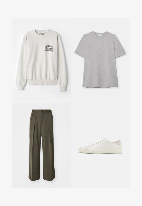 Felpa color crema realizzata in morbido tessuto, con scollatura tonda e polsini a costine. Presenta un logo stampato "Aries" in grigio.; T-shirt grigio a maniche corte realizzato in morbido tessuto testurizzato. Presenta un classico colletto a girocollo e un orlo dritto, adatto per un abbigliamento casual.; Filippa K WIDE TROUSERS - Pantaloni - driftwood; Sneaker bianca in pelle con superficie liscia, punta rotonda e design minimalista. Presenta dettagli beige sul tallone e una suola in gomma.