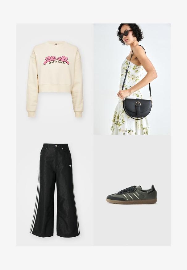 Krämsfärgad kort sweatshirt i mjukt tyg, med en rosa och svart grafisk logotyp. Ribbad halsringning och muddar. Avslappnad passform.; Svarta vida denimbyxor med tre vita ränder på varje sida och en liten vit logotyp. Har framfickor och knäppning med knapp.; adidas Originals SAMBA OG - Sneakers - core black/legend earth/gum; Svart läderhandväska med en böjd form, avtagbar rem och guldiga detaljer. Väskan har ett lock med en spänndetalj.