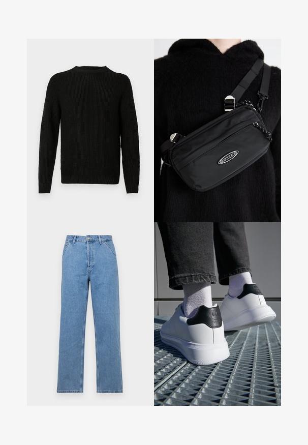 Sort strikket sweater med rund halsudskæring, lange ærmer, struktureret mønster samt ribstrikkede manchetter og kant. Klassisk løs pasform.; Lysblå denim straight-leg jeans med et klassisk femlomme-design, der har frontknaplukning og bæltestropper. Glat tekstur.; Hvide sneakers med sort hæltab med et smiley ansigt design, glat lædermateriale, flad gummisål og struktureret detaljering.; Sort nylon crossover taske med justerbar strop, featuring en glat tekstur, en front lynlåslomme og et logo akcent.