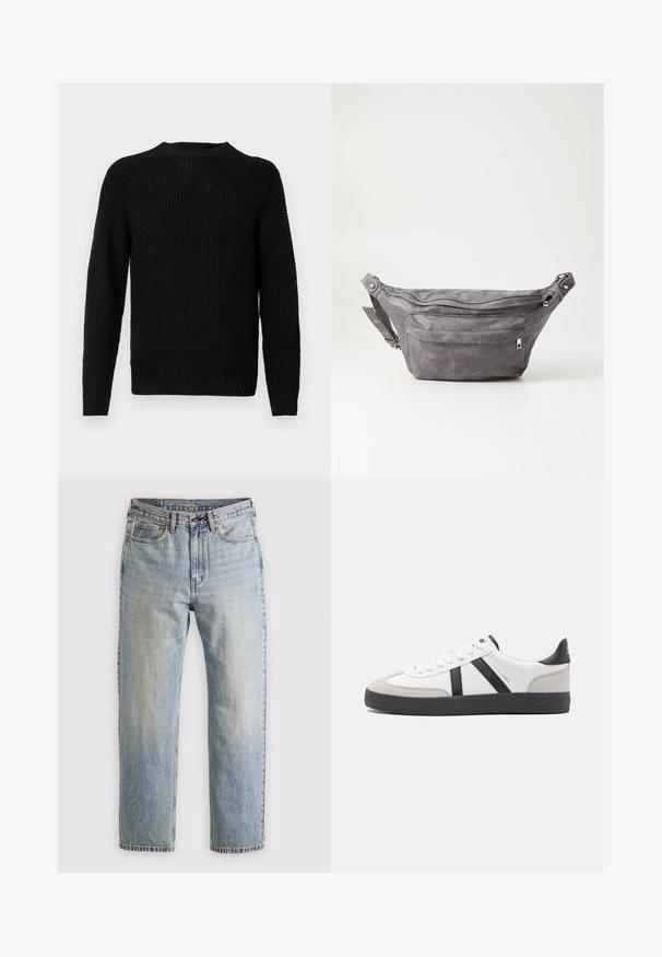 Melnā adītā džemperī ar apaļu kakla izgriezumu, garām piedurknēm, strukturētu rakstu un ribotām aprocēm un apakšmalu. Klasisks brīva piegriezuma dizains.; Gai zila denima bikses ar augstu jostasvietu, priekšējo pogu, rāvējslēdzēju un piecu kabatu dizainu, izlīdzinātas uz neitrāla fona.; Baltas sneakeris ar melniem un pelēkiem akcentiem, kuram ir teksturēts pelēks purngals, melna gumijas zole un plakanas baltas šņores. Tīrs dizains, minimālisma stils.; Pelēks zamšādas jostas somiņa ar noapaļotu formu, divām kabatām ar rāvējslēdzējiem un regulējamu siksnu. Iekļauj metāla aksesuārus.