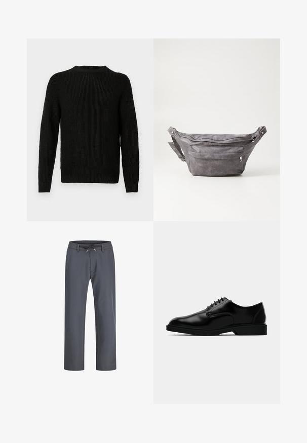 Zwarte gebreide trui met ronde hals, lange mouwen, textuurpatroon en geribbelde manchetten en zoom. Klassiek ontwerp met een losse fit.; Grijze, elastische broek met een trekkoord. Rechtoe-rechtaan ontwerp, gemaakt van een gladde stof, met minimale stiksels en geen zichtbare hardware.; Zwarte leren dresschoenen met een gladde afwerking, ronde neus, vetersluiting en een bescheiden rubberen zool voor grip.; Grijze suède heuptas met een ronde vorm, twee met rits afgesloten compartimenten en een verstelbare band. Voorzien van metalen accenten.