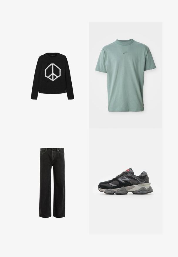 Sort strikket sweater med hvidt fredstegn grafik, rund halsudskæring, lange ærmer og slidte detaljer i stoffet.; Grøn bomulds t-shirt med korte ærmer, ribbet rund halsudskæring og broderet Nike-logo på brystet. Glat tekstur og afslappet pasform.; Sorte denim bredde ben jeans med høj talje, med klassisk fem-lomme design og subtil falmning for et tekstureret udseende.; Sort og grå sneakers med en kombination af ruskind og mesh-materialer, tyk sål, fremtrædende logo og rød accent på tungen.