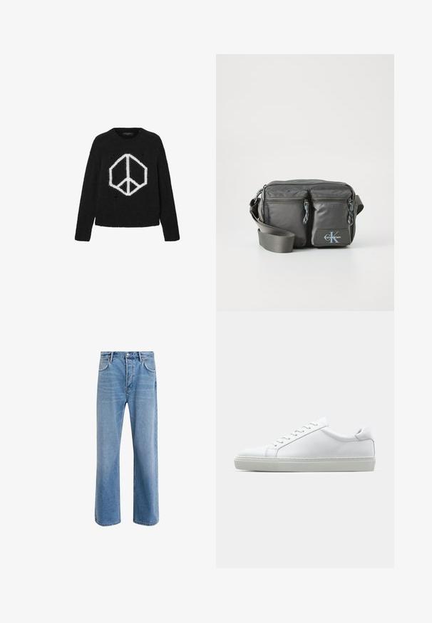 Must mustaga mustriga, millel on valge rahu sümbol, ümmargune kaelus, pikad varrukad ja kulunud detailid kangas.; Heledad sinine teksapüksid otse lõikega, viie taskuga, nupuga sulgemine, minimaalne kulumine ja kontrastsed õmbluse detailid.; Valge tennisetoss, millel on sile nahk pealis ja madal profiil. Omab ümarat ninaosa, kuut silmust ja tekstuuriga kummist talda.; Halletud nailonist ristiüle kantav kott, millel on kaks lukuga esikotid, reguleeritav rihm ja logo aktsent. Sile tekstuur ja kaasaegne disain.