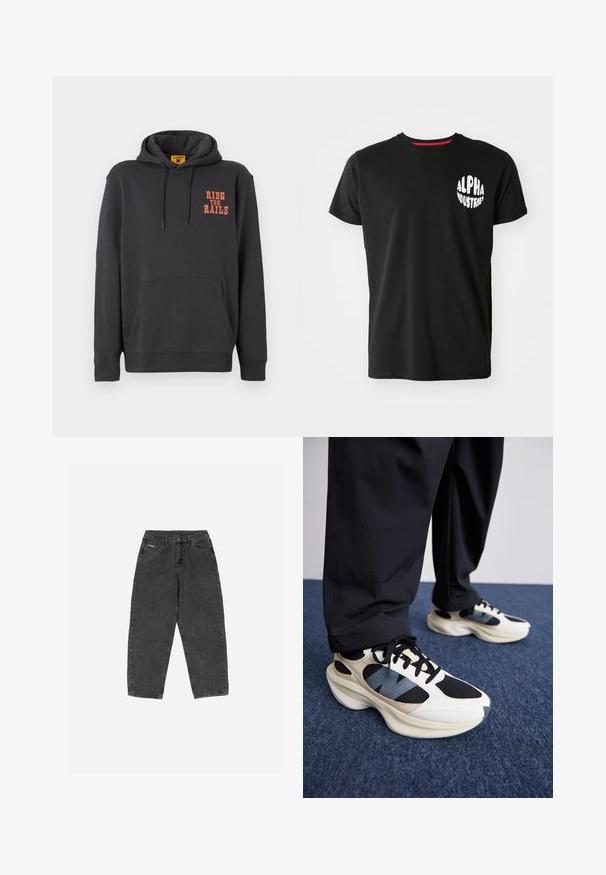 Grå hettegenser med kengurulomme, snor til hetta og oransje "RIDE THE RAILS" tekst på brystet. Mykt stoff med en jevn tekstur.; Svart bomull t-skjorte med en rund hvit "ALPHA INDUSTRIES" logo på venstre bryst, korte ermer og rund hals.; Sorte denimjeans med høy midje, rette ben, fem lommer og en subtil merkevarelogo foran. Myk tekstur og en avslappet passform.; Hvite og svarte joggesko med teksturerte overflater og blå aksenter, med en tykk såle og svarte lisser, sammen med svarte bukser.