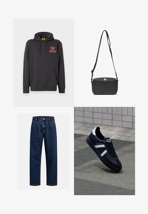 Szary hoodie z kieszenią kangurką, kapturem ze sznurkiem i pomarańczowym napisem "RIDE THE RAILS" na piersi. Miękka tkanina o gładkiej teksturze.; Granatowe dżinsy o prostym kroju nogawki. Posiada widoczne szwy, zapięcie na guzik oraz fałdy z przodu dla dodatkowego detalu.; Czarne skórzane sneakersy z białymi paskami, teksturowana gumowa podeszwa i sznurowane z przodu. Posiadają metkę marki na języku.; Czarna skórzana torba na ramię z zamkiem błyskawicznym, wytłoczone logo na przodzie i regulowanym paskiem. Gładka tekstura w prostokątnym kształcie.