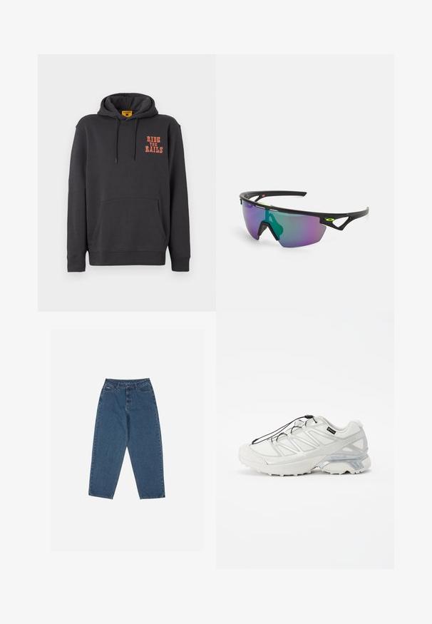 Šedá mikina s klokaním vreckom, kapucňou so šnúrkou a oranžovým nápisom "RIDE THE RAILS" na hrudi. Mäkko tkaný materiál s hladkým povrchom.; Modré džínsy s uvoľneným strihom, vysokým pásom, dizajnom s piatimi vreckami a kontrastným prešívaním. Obsahujú zapínanie na gombík a zips.; Biele športové topánky s textúrovaným sieťovaným zvrškom, reflexnými akcentmi a polstrovanou podrážkou. Obsahuje elastické šnúrky a šedé detaily.; Športové slnečné okuliare s čiernym rámom, veľkým gradientným sklom s purpurovými a zelenými odtieňmi a uhlovými dizajnovými akcentmi s logom.