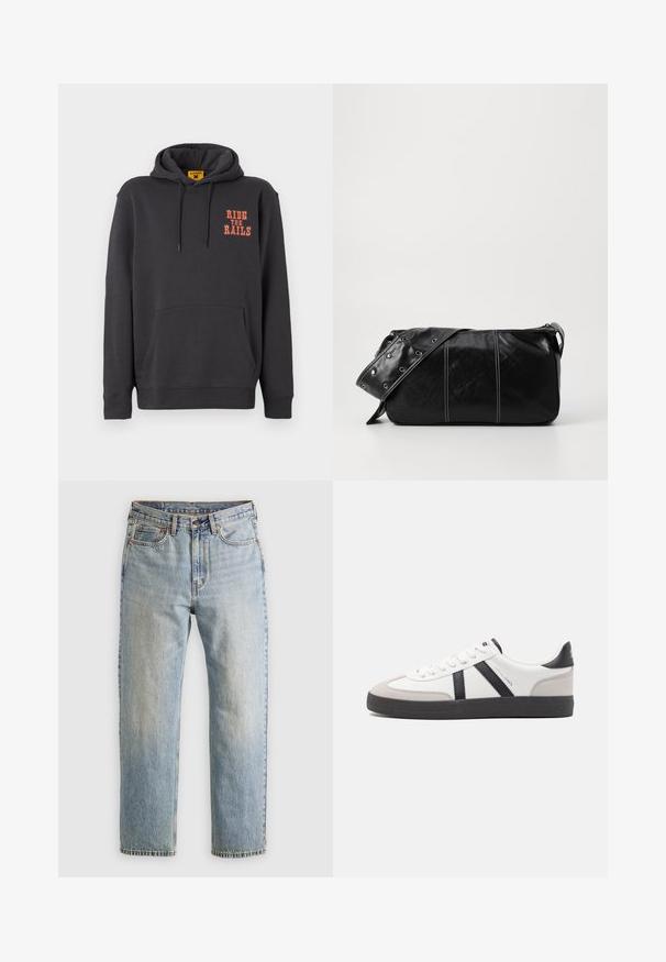 Harmaa huppari, jossa on kenguru-tasku, nyöritettävä huppu ja oranssi "RIDE THE RAILS" -teksti rinnassa. Pehmeä kangas, jossa on sileä pinta.; Vaaleansininen farkut, joissa on korkea vyötärö, etunappi, vetoketju ja viisi taskua, asetettu tasaisesti neutraalille taustalle.; Valkoiset lenkkarit mustilla ja harmailla yksityiskohdilla, joissa on teksturoitu harmaa kärki, musta kumipohja ja litteät valkoiset nauhat. Siisti muotoilu, minimalistinen tyyli.; Mustakulmainen nahkainen olkalaukku, jossa on vetoketjukiinnitys, teksturoitu pinta, valkoiset ompeleet ja hihna, jossa on hopeiset niitit.