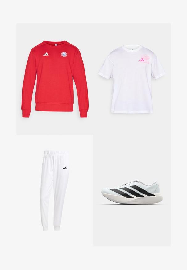 Red sweatshirt featuring Adidas three-stripe design, round neckline, ribbed cuffs, and FC Bayern München logo on the chest. Soft fabric texture.; White cotton T-shirt with short sleeves, featuring a pink graphic on the left chest area, and a crew neckline with a contrasting trim.; White athletic pants made of smooth fabric, featuring an elastic waistband and fitted cuffs, with a black logo on the back pocket.; Lightweight running shoes in pale blue with black stripes. Features a smooth upper, round toe, and thick white midsole labeled "LIGHTSTRIKE PRO."