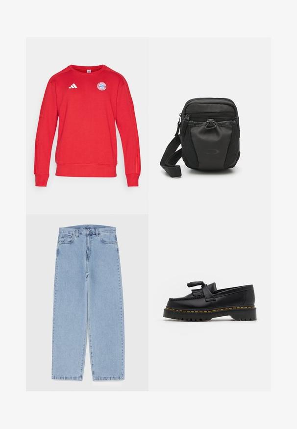 Felpa rossa con il design a tre strisce Adidas, colletto rotondo, polsini a costine e logo del FC Bayern München sul petto. Tessuto morbido.; Jeans in denim azzurro chiaro con design a gamba dritta, caratterizzati da una vita media, cinque tasche e chiusura con bottone e zip.; Mocassino in pelle nera con un'accento a frange, dotato di una suola nera spessa e cuciture gialle lungo il bordo. Finitura testurizzata.; Borsa a tracolla nera in nylon con scomparti con zip, superficie testurizzata, tracolla regolabile e dettaglio del logo sulla parte anteriore. Design compatto.