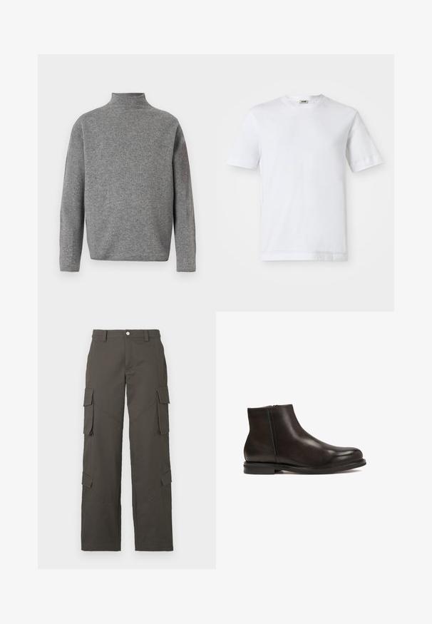 Maglione grigio a collo alto con maniche lunghe, realizzato in un morbido tessuto a maglia. Presenta una forma amplia e un dettaglio a coste sul collo.; T-shirt bianco in cotone con maniche corte, scollatura rotonda e una texture liscia. Non sono visibili motivi o accenti.; Pantaloni cargo dritti grigio scuro con chiusura a bottone e quattro tasche con pattina, due sulle cosce e due vicino ai polpacci.; Stivale alla caviglia in pelle nera con una superficie liscia, punta arrotondata e tacco basso. Presenta una zip laterale per indossarlo facilmente.