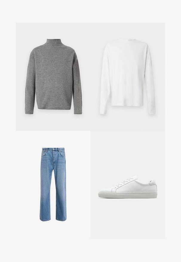 Grijze coltrui met lange mouwen, gemaakt van een zachte gebreide stof. Heeft een boxy pasvorm en een ribgebreide nekdetails.; Witte katoenen blouse met lange mouwen en een ronde halslijn, met zijsplitten aan de onderkant en een gladde textuur, vanuit de achterkant weergegeven.; Lichtblauwe denim jeans met een straight-leg ontwerp, vijf zakken, knoopsluiting, minimale vervaging en contrasterende stikseldetails.; Witte sneaker met een gladlederen bovenwerk en een laag profiel. Voorzien van een ronde neus, zes vetergaatjes en een gestructureerde rubberen zool.