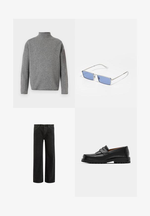 Szary sweter z golfem i długimi rękawami, wykonany z miękkiej dzianiny. Posiada pudełkowy kształt oraz żebrowane detale przy szyi.; Czarne dżinsy o szerokich nogawkach z wysokim stanem, z klasycznym pięciopunktowym krojem oraz delikatnym wyblaknięciem dla uzyskania teksturowanego wyglądu.; Czarne skórzane mokasyny mają wyraźny szew, dwa dekoracyjne paski na górze oraz grubą, teksturowaną podeszwę dla lepszej przyczepności.; Metalowe okulary przeciwsłoneczne o prostokątnym kształcie, z niebieskimi szkłami i srebrną oprawą. Posiadają poduszki na nosie oraz cienkie, proste ramiona zauszników.