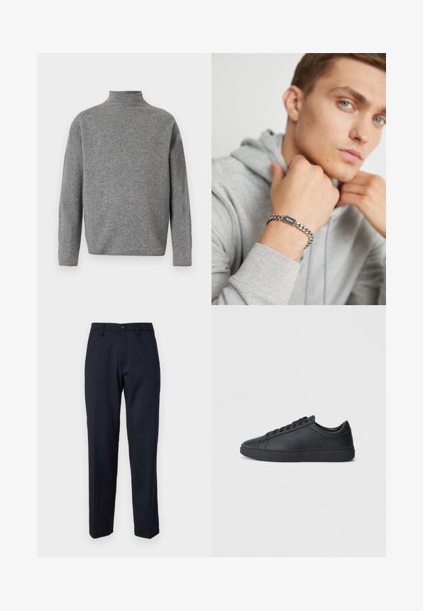 Maglione grigio a collo alto con maniche lunghe, realizzato in un morbido tessuto a maglia. Presenta una forma amplia e un dettaglio a coste sul collo.; Pantaloni blu navy realizzati in un tessuto liscio, con bottone frontale, design a gamba dritta e tasche laterali. Nessun motivo o decorazione visibile.; Sneakers neri realizzati in pelle liscia, con design a bassa cima, punta rotonda e suola piatta in gomma. Presentano lacci e un branding discreto.; Bracciale in argento con una targhetta rettangolare nera incisa con la scritta "BOSS." Indossato su una mano contro uno sfondo di felpa grigia.