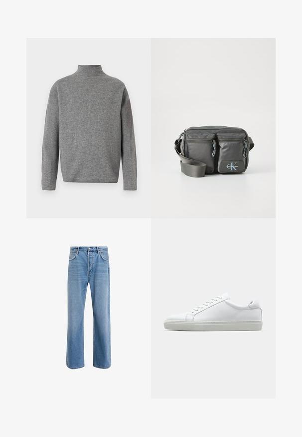 Šedý rolák s dlouhými rukávy, vyrobený z měkké pleteniny. Má široký střih a žebrovaný detail na krku.; Světle modré džínové kalhoty s rovnými nohavicemi, pěti kapsami, zapínáním na knoflík, minimálním vyblednutím a kontrastním prošitím.; Bílé tenisky s hladkým koženým svrškem a nízkým profilem. Mají zaoblenou špičku, šest nýtů a texturovanou gumovou podrážku.; Šedá nylonová crossbody taška s dvěma zipovými předními kapsami, nastavitelným popruhem a logem. Hladká textura s moderním designem.