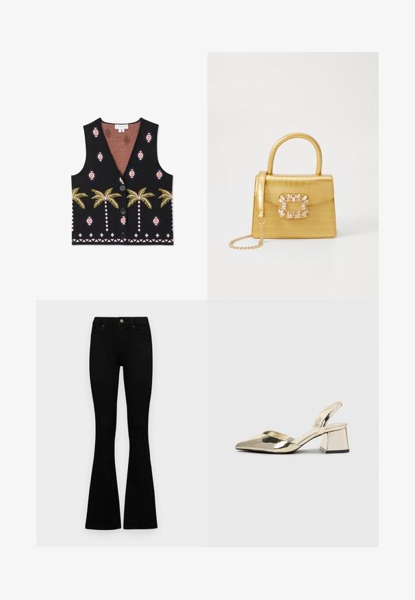 Never Fully Dressed MIDNIGHT HAVANA - Jersey de punto - midnight havana; Jeans negros de cintura alta con cierre de botón y cremallera, bolsillos frontales y piernas acampanadas, dispuestos sobre un fondo blanco.; Tacones slingback metálicos dorados con punta afilada y tacón grueso. Textura suave, diseño minimalista y una correa estrecha.; Bolso de mano de imitación cocodrilo amarillo con un diseño estructurado, asa superior, correa de cadena desmontable y embellecimiento de cristal decorativo en el cierre.; Pendiente de metal en tono dorado con un diseño elegante y curvado. Presenta una forma puntiaguda distintiva, superficie pulida y cierre de bisagra.