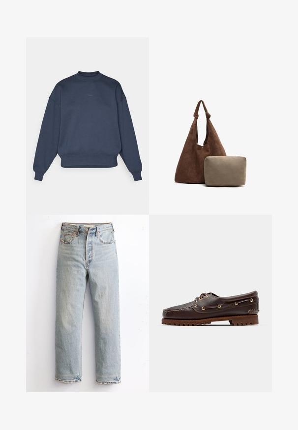 Tumesinine puuvillasegusega sviiter, millel on ümmargune kaelus, langevad õlad, ribadest mansetid ja väike tikitud "BORG" logo ees.; Tumesinine ja valge ruuduline pikkade varrukatega särk, millel on nööbiga esiosa, klassikaline krae ja kogutud mansetid. Valmistatud kergest kangast.; Heledad sinine teksapüks, sirge jala disainiga, mis on varustatud kulunud serva, vasknööpide ja klassikalise viie tasku stiiliga.; Pruun nahkne paadisuss kuldsete silmadega, ümmarguste nööridega ja tekstuuriga pruuni kummitaldiga. Omab õmmeldud detaile ja väljaulatuvat logo.; Pruunist sametist õlaline kott, knooditud rihmaga, millel on väike beež lukuga rahakott. Kotil on pehme tekstuur ja lihtne disain.