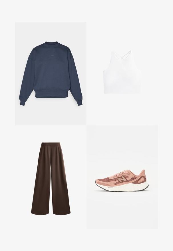 Tengerészkék pamut keverék pulóver, kerek nyakkivágással, lejjebb eső vállakkal, bordázott mandzsettákkal és a mellrészen található, kis hímzett "BORG" logóval.; Fehér sportos crop top, magas nyakkivágással és dupla keresztpánttal a háton, sima, rugalmas anyagból készült.; Széles lábú nadrág egy sötétbarna színben, sima textúrával, magas derékkal és elülső redőkkel a kialakítás további részleteiként.; Rózsaszín futócipő, hálós felsőrésszel, textúrázott dizájnnal és barna részletekkel. Könnyű talp jelentős párnázottsággal.
