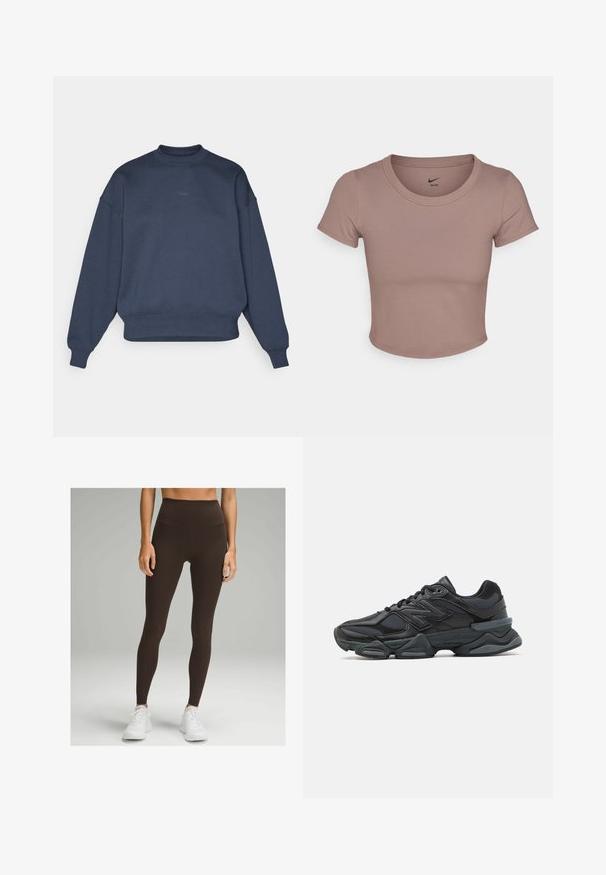 Sudadera azul marino de mezcla de algodón con cuello redondo, hombros caídos, puños acanalados y pequeño logotipo bordado "BORG" en el frente.; Camiseta corta marrón hecha de una tela suave, con escote redondo y mangas cortas. Logo de Nike impreso en el interior del cuello.; lululemon WUNDER TRAIN 28" - Leggings - espresso; Zapatilla de running negra que presenta una combinación de malla y materiales sintéticos, suela gruesa, diseño curvado y una marca prominente en el costado.