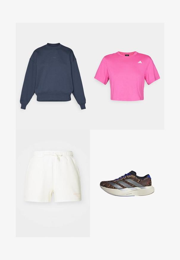 Tengerészkék pamut keverék pulóver, kerek nyakkivágással, lejjebb eső vállakkal, bordázott mandzsettákkal és a mellrészen található, kis hímzett "BORG" logóval.; Rózsaszín, rövid ujjú, puha pamutból készült crop top. Bal mellen egy kis fehér logó található. Sima textúrája van, klasszikus szabású.; Fehér pamut rövidnadrág, elasztikus derékrésszel és megkötős díszítéssel. Oldalsó zsebekkel és világos narancssárga nyomtatott logóval rendelkezik.; Barna leopárdmintás felső résszel, ezüst csíkokkal, kék részletekkel és "LIGHTSTRIKE PRO" felirattal ellátott fehér középtalppal rendelkező futócipő. Könnyű kialakítás.