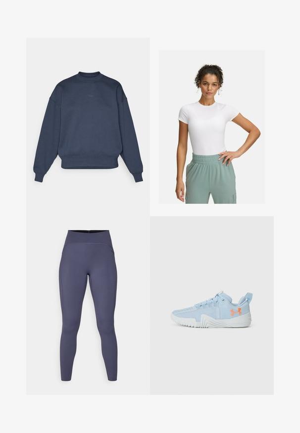 Marineblauwe sweatshirt van een katoenmix met een ronde hals, verlaagde schouders, geribbelde manchetten en een klein geborduurd "BORG" logo aan de voorkant.; Witte fitted t-shirt met korte mouwen, gecombineerd met lichtgroene broek met elastische tailleband. Gladde textuur, minimalistisch ontwerp en geen zichtbare patronen.; High-waisted legging in een effen donkergrijze kleur. Gemaakt van rekbare stof met platte naden en een nauwsluitend, taps toelopend ontwerp.; Lichtblauwe sportschoen gemaakt van mesh-materiaal met een gestructureerde zool, voorzien van een oranje logo en vetersluiting.