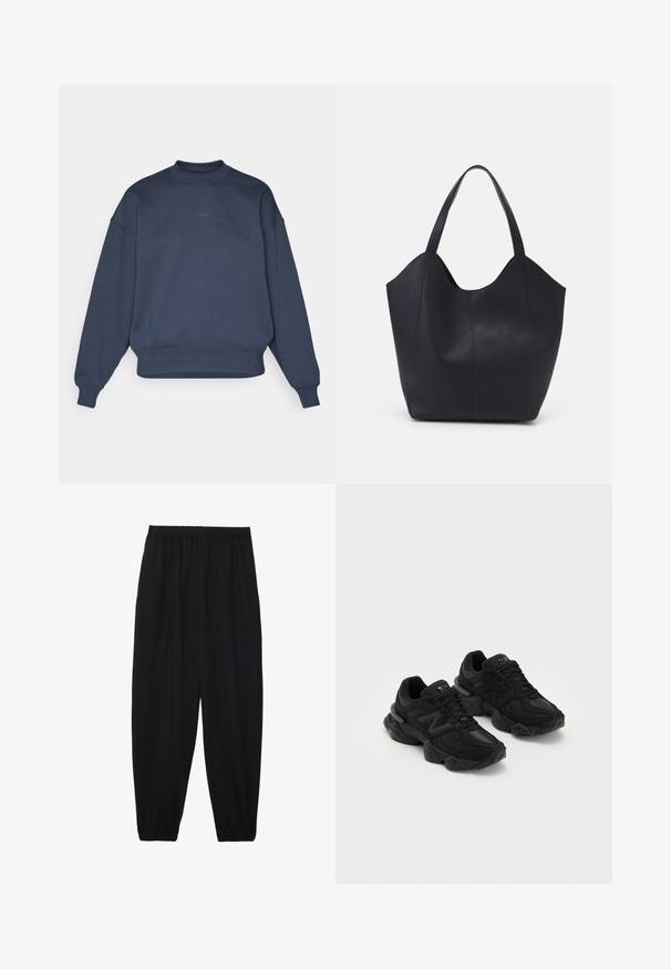Sweatshirt bleu marine en mélange de coton avec un col rond, des épaules tombantes, des poignets côtelés et un petit logo "BORG" brodé sur le devant.; Pantalons noirs légers avec une taille élastique et des chevilles froncées. Le tissu est lisse et présente un design décontracté et fuselé.; Baskets de sport noires avec une tige texturée, arborant un logo "N" en relief, une semelle rembourrée et une silhouette moderne et épurée.; Sac fourre-tout noir en cuir lisse, doté d'un haut ouvert et courbé avec deux brides d'épaule et un design minimaliste.