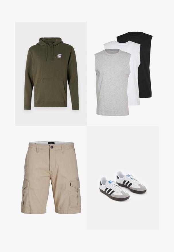 Haut à capuche en coton vert olive avec une poche avant, un cordon de serrage pour la capuche et un logo brodé blanc sur la poitrine. Texture lisse et coupe classique.; Trois t-shirts sans manches en gris, blanc et noir. Tissu en coton doux avec un col rond et une coupe décontractée. Design simple, sans motifs.; Shorts cargo beige en coton, dotés de plusieurs poches latérales, d'une fermeture à bouton à la taille, et d'un design à coupe droite.; Baskets avec une tige en cuir blanc, un bout en daim gris et trois bandes noires. Présente un logo bleu sur la languette et une semelle en caoutchouc texturée.