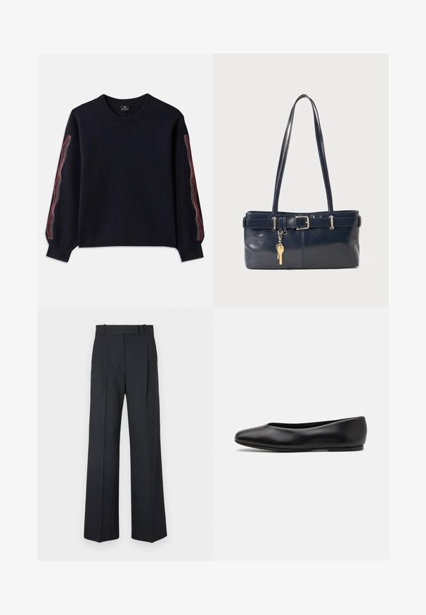 Mornarski pulover s okruglim izrezom, dugim rukavima i uzorcima u crvenoj, žutoj i bijeloj boji duž bočnih strana. Napravljen od mekog materijala.; Tamno plave prugaste hlače visokog struka, širokih nogavica, bez vidljive opreme ili ukrasa. Glatka tekstura i kroj prilagođen tijelu.; Paul Smith TOPANGA - Balerinke - black; Morska kožna torbica s dva duga ramena, detaljem kopče i privjeskom za ključeve. Ima glatku teksturu i pravokutni oblik.