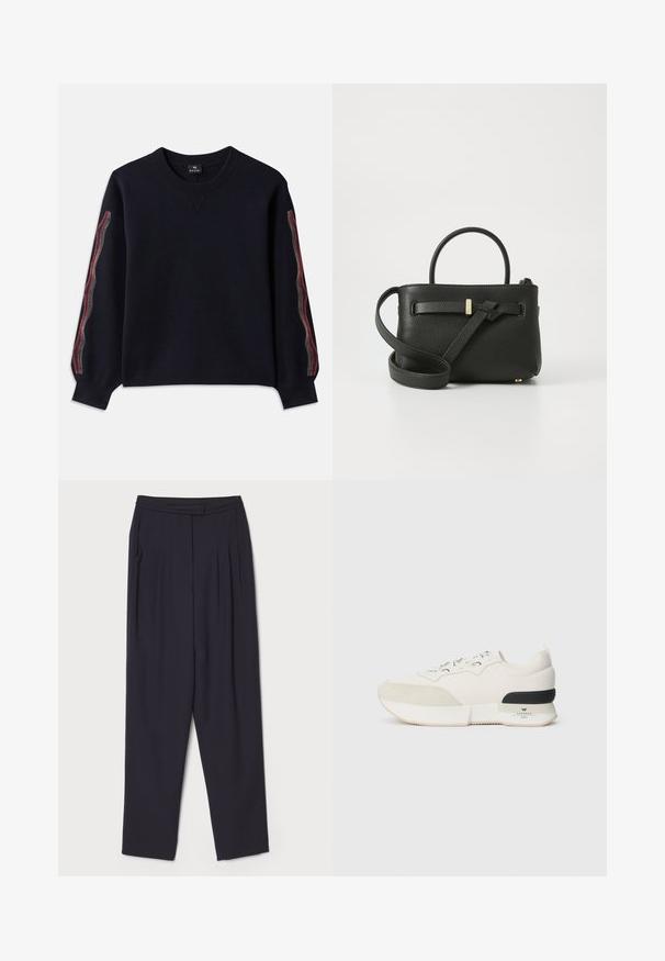 Laivastonsininen neulepaita, jossa on pyöreä pääntie, pitkät hihat ja kuviollisia yksityiskohtia punaisena, keltaisena ja valkoisena sivuilla. Valmistettu pehmeästä kankaasta.; Tumman merivoimansinisen väriset housut, jotka on valmistettu pehmeästä kankaasta. Niissä on laskokset ja suora lahje, tavallinen vyötärö ja sivutaskut.; Valkoiset tennarit, joissa on teksturoidulla mokkanahalla vuorattu kärki, sileä verkko-yläosa, koristeet nauhat ja musta kuminen kantapään korostus.; Mustan nahkainen käsilaukku, jossa on teksturoitu pinta, ylhäällä kahvat ja pitkä säädettävä olkahihna. Edessä on kultaisen sävyinen varuste.