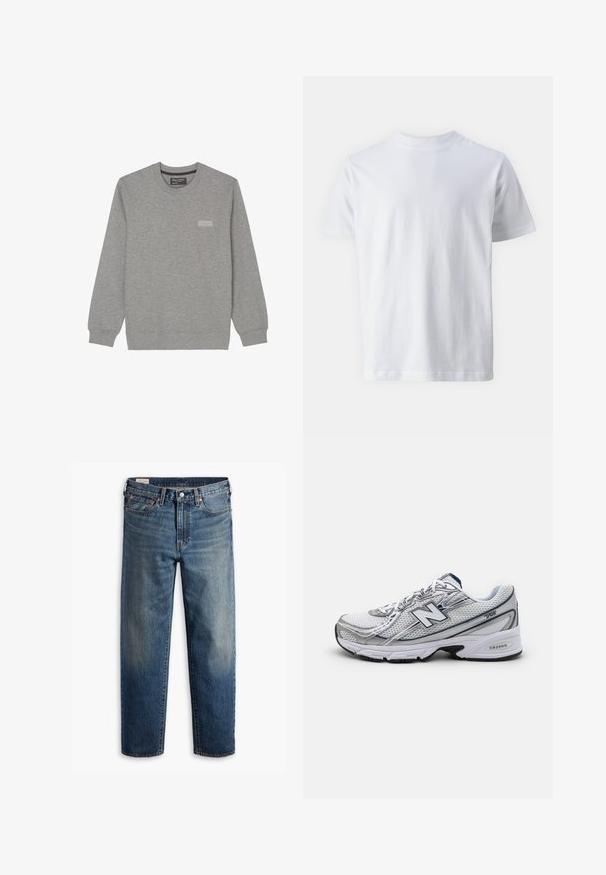 Marc O'Polo - Bluza; Biały, krótki rękaw t-shirt wykonany z bawełny, z okrągłym dekoltem i gładką teksturą, o prostym kroju i bez wzorów.; Niebieskie dżinsy o prostym kroju z klasycznym pięciopocketowym wzorem, zapięciem na guzik i delikatnym przetarciem na udach i kolanach.; Buty sportowe New Balance z siateczkową cholewką, głównie białe z szarymi i granatowymi akcentami, z amortyzowaną podeszwą i teksturowanymi detalami.