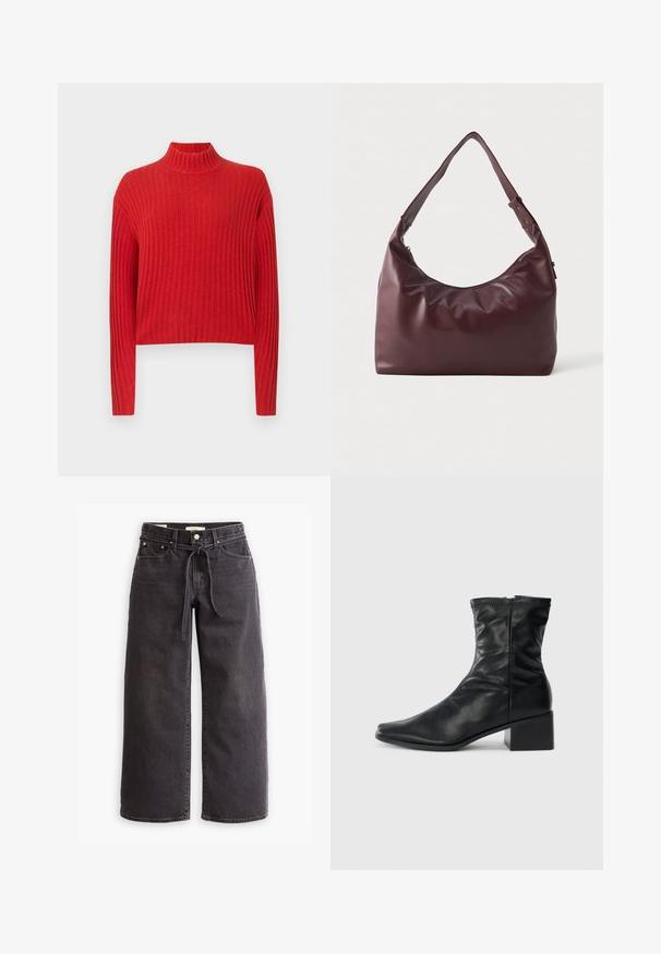 Pulover roșu cu nervuri, cu guler înalt, mâneci lungi și un design scurtat. Textura țesăturii pare moale și tricotată, cu dungi verticale.; Cămașă neagră cu mânecă lungă și guler înalt, dintr-un material neted; design ajustat, fără cusături vizibile. Culoare simplă, uniformă.; Jeans negre cu picioare largi, din denim, cu talie ajustabilă cu șnur, cinci buzunare și detalii de cusătură în contrast. Design cu fața plată.; Botină din piele neagră până la jumătatea gambei, cu vârf pătrat, fermoar pe lateral și toc pătrat, pe un fundal alb simplu.; Geantă de umăr din piele burgundy netedă, cu curea ajustabilă și închidere cu fermoar, expusă pe un fundal alb simplu.