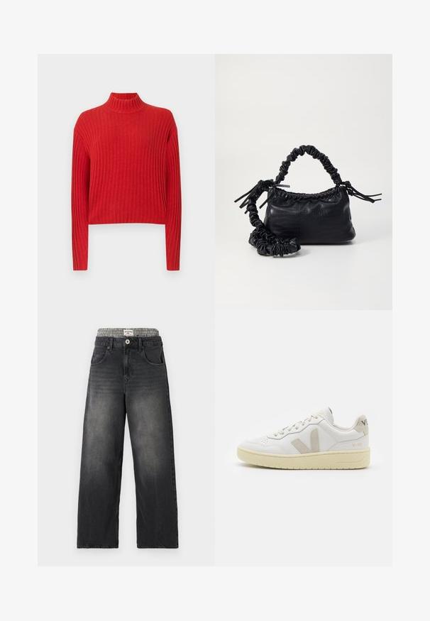 Červený žebrovaný svetr s vysokým límcem, dlouhými rukávy a zkráceným střihem. Textura látky vypadá měkce a je pletená, s vertikálními pruhy.; Černé džíny s širokými nohavicemi a pasem s kostkovaným vzorem. Obsahují přední kapsy a zapínání na knoflík. Ošuntělá textura.; Bílé kožené tenisky s béžovými semišovými akcenty, perforovanou špičkou, plochými tkaničkami a strukturovanou krémovou podešví. Obsahují jemné logo na patě.; Černá kabelka z umělé kůže s krokodýlím vzorem, staženým vrškem a zmačkaným popruhem. Zdá se, že má měkký a kompaktní design.