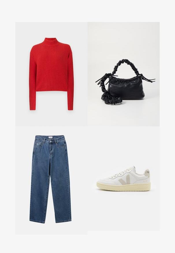 Pulover roșu cu nervuri, cu guler înalt, mâneci lungi și un design scurtat. Textura țesăturii pare moale și tricotată, cu dungi verticale.; Jeans clasice din denim albastru, cu un design drept, cinci buzunare și închidere cu nasture. Prezentând o spălare medie și o textură rezistentă.; Pantofii sport din piele albă cu accente din suede bej, cutie pentru degete perforată, șireturi plate și o talpă texturată de crem. Prezintă branding subtil pe călcâi.; Geantă din faux leather neagră cu textură de crocodil, cu partea superioară strânsă și o curea mototolită. Pare moale și compactă ca design.