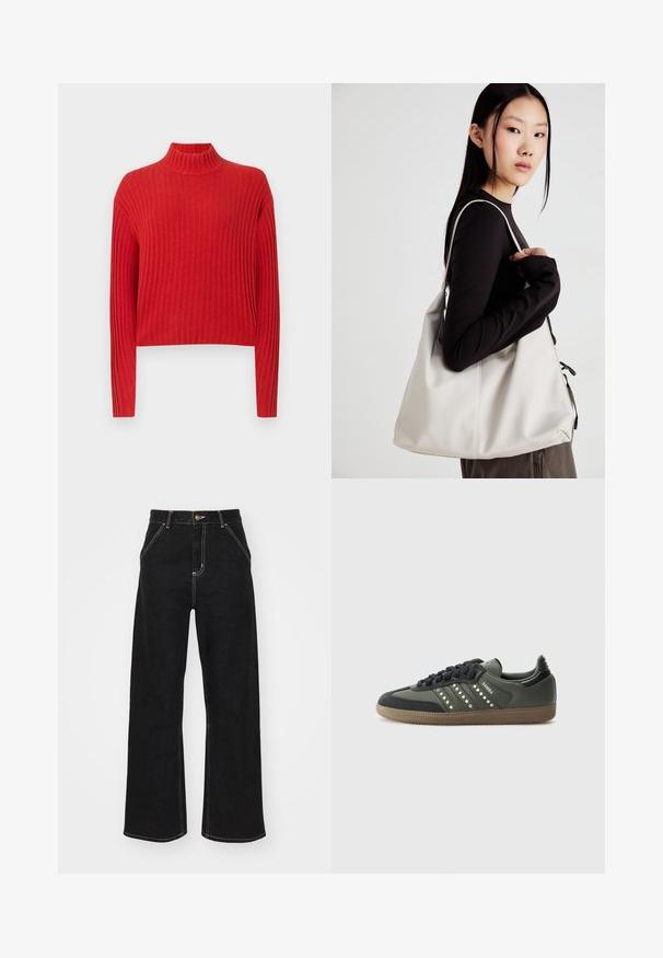 Piros bordázott pulóver magas nyakkal, hosszú ujjal és rövidített fazonnal. Az anyag textúrája lágy és kötött, függőleges csíkokkal.; Fekete, széles szárú farmernadrág, kontrasztos fehér varrással és elülső gombos záródással, két ferde elülső zsebbel.; adidas Originals SAMBA OG - Sportcipő - core black/legend earth/gum; Puha anyagból készült bézs kézitáska, laza dizájnnal, varrott részletekkel és két vállpánttal. Mindennapi használatra alkalmas.