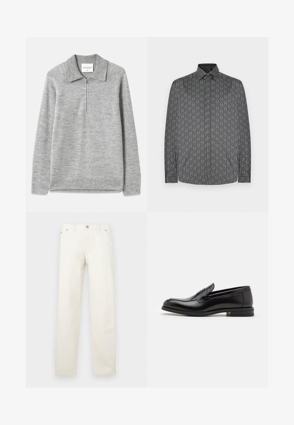 Šedý svetr s límcem a polo zipem. Vyroben z měkkého pleteného materiálu, s žebrovaným spodním lemem a rukávy, s hladkou strukturou.; Košile s dlouhým rukávem a tmavě šedým základem se opakujícím abstraktním bílým vzorem. Viditelné detaily v podobě límce na knoflíky a manžet.; Bílé džíny s rovnými nohavicemi z denimu, s knoflíkovou légu, poutky na opasek a pěti kapsami. Látka má hladkou texturu.; Černé kožené polobotky s hladkou texturou, zaoblenou špičkou a zdobným páskem přes nárt. Nízký stohovaný podpatek, minimalistický design.