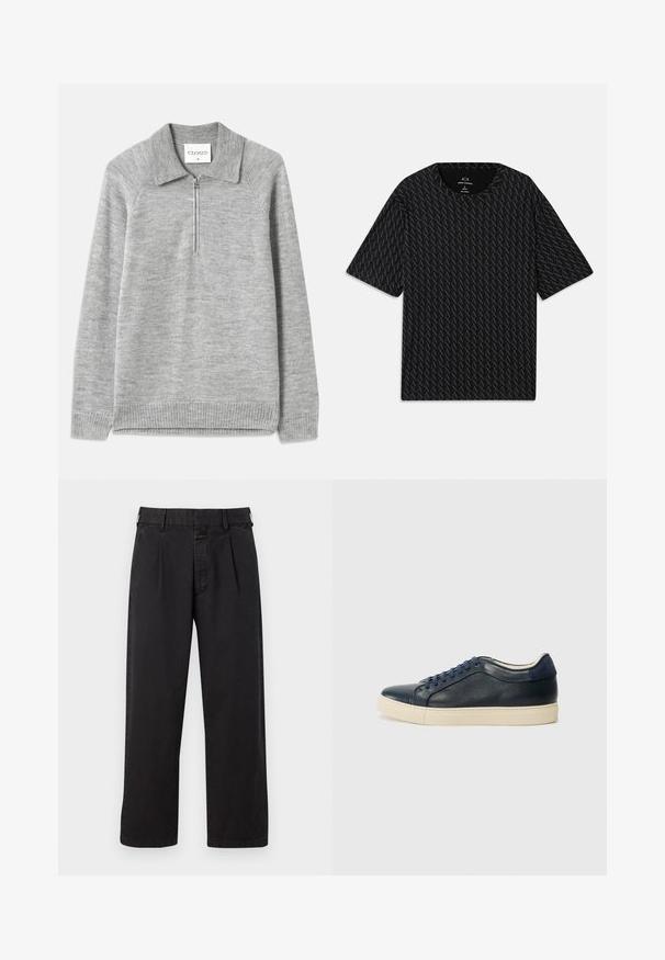 Maglione grigio a collo con zip a metà. Realizzato in un morbido materiale a maglia, presenta orli e maniche a costine, con una texture liscia.; T-shirt nera con un motivo testurizzato di loghi 'A' alternati, maniche corte e scollo rotondo. Realizzata in tessuto leggero.; Pantaloni neri in cotone con taglio dritto, dotati di una parte anteriore plissettata, passanti per cintura e chiusura con bottone. Texture liscia senza motivi.; Sneaker in pelle blu navy con suola in gomma crema, dotato di lacci blu e texture liscia. Punta arrotondata e design minimalista.