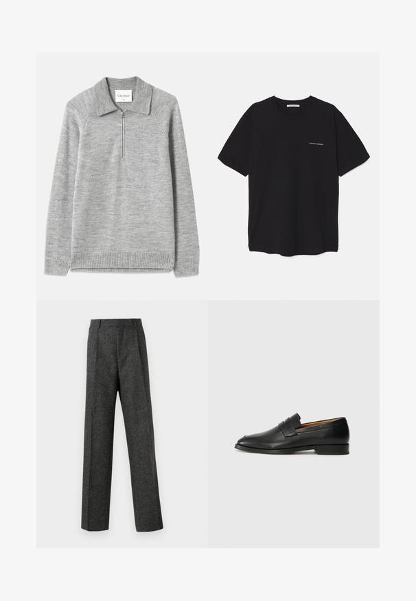 Harmaa vetoketjullinen neulepusero, jossa on kaulus. Valmistettu pehmeästä neuloksesta, jossa on resorit helmoissa ja hihoissa, sekä tasainen pinta.; Musta puuvillapaita, jossa on pyöreä kaula-aukko, lyhyet hihat ja valkoinen logopainatus vasemmassa rinnassa. Yksinkertainen, tasavärinen design.; Harmaat räätälöidyt housut, jotka on valmistettu teksturoidusta kankaasta, ja niissä on kaksi etutaskua ja suora lahjemuoto. Ei näkyviä taskuja tai koristeluja.; Musta nahkainen loafer, jossa on pyöreä kärki, hienovarainen ommelkoristelu ja matala korko, joka on varustettu sileällä pinnalla ja minimalistisella designilla.