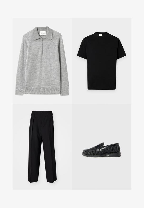 Hall Gray pullover-sviiter krae ja pooltõmblusega. Valmistatud pehmest kudumist materjalist, ribatud ääriste ja varrukatega, millel on lame tekstuur.; Must värvi puuvillane T-särk ümarate kaelustega, lühikeste varrukatega ja sirge lõikega. Ilma nähtavate mustrite või riistade detailideta.; Mustad volditud püksid sirge ja laia säärega disainiga. Valmistatud siledast kangast, millel on nuppudega sulgemine ja vööaasad.; Must musta kootud slip-on king, millel on pehme nahast accent ülaserval, ümmargune varvas ja madal profiiliga kummitald.