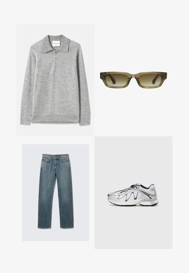 Hall Gray pullover-sviiter krae ja pooltõmblusega. Valmistatud pehmest kudumist materjalist, ribatud ääriste ja varrukatega, millel on lame tekstuur.; Sinised sirged teksad ees ja münditaskudega, vöörihmadega ja metallist nupuga kinnitamine ühevärvilisel taustal.; Needelased valged spordijalatsid, millel on võrgupealne osa, mustad aktsendid, tekstureeritud kummitald ja elastne nöörimisüsteem. Kerged ja kaasaegse disainiga.; Pruun gradient päikeseprillid neljakandilise kujuga, paksud ja massiivsed raamid ning mustad templid. Läbipaistev pruun materjal lisab sügavust.