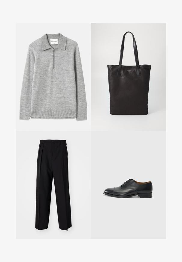 Grå genser med krage og halv glidelås. Laget av et mykt strikket materiale, med ribbestrikket kant og ermer, og med en flat tekstur.; Sorte plissert bukser med en rett, bred benform. Laget av glatt stoff, med knappelukking og beltehemper.; Sorte lærdressko med en glatt finish, rund tå, fem hull for snøring, og lav blokkhel. Minimalistisk design med subtil søm.; Svart kanvas tote bag med svarte lærhåndtak. Enkel design, romslig kropp og en jevn tekstur. Ingen synlige logoer eller mønstre.